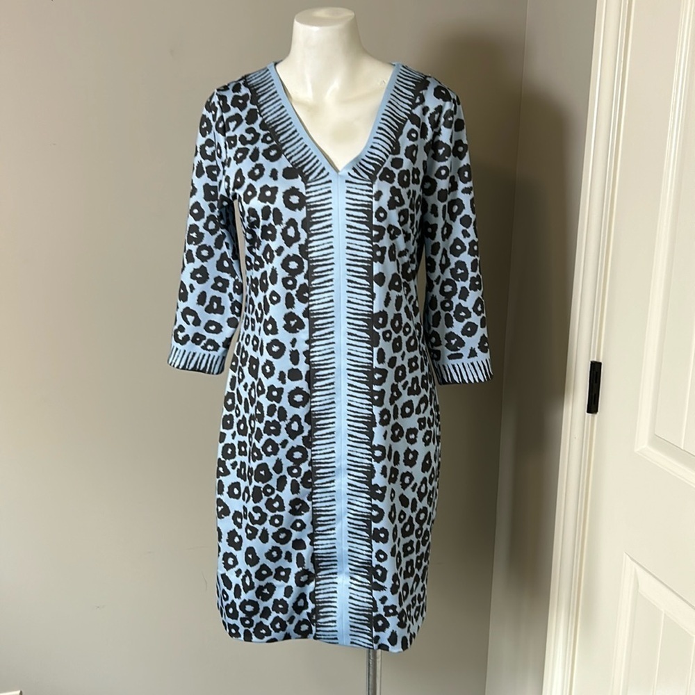 Gretchen Scott Border Town Dress In Wildcat Blue Leopard Print Pockets Sz S